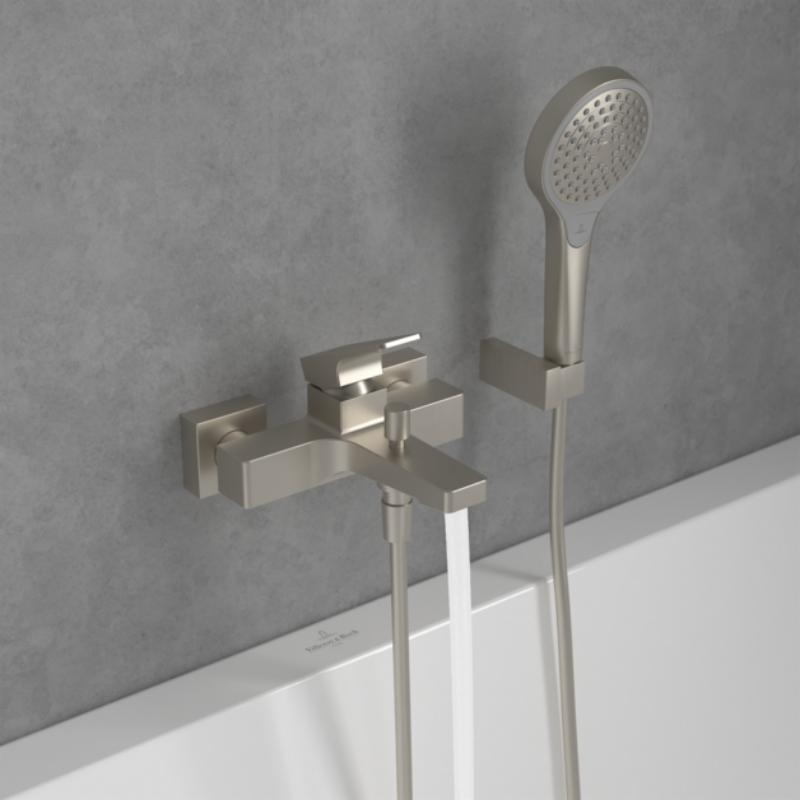 Baterie cadă-duș Villeroy&Boch, Architectura Square, montaj pe perete, brushed nickel